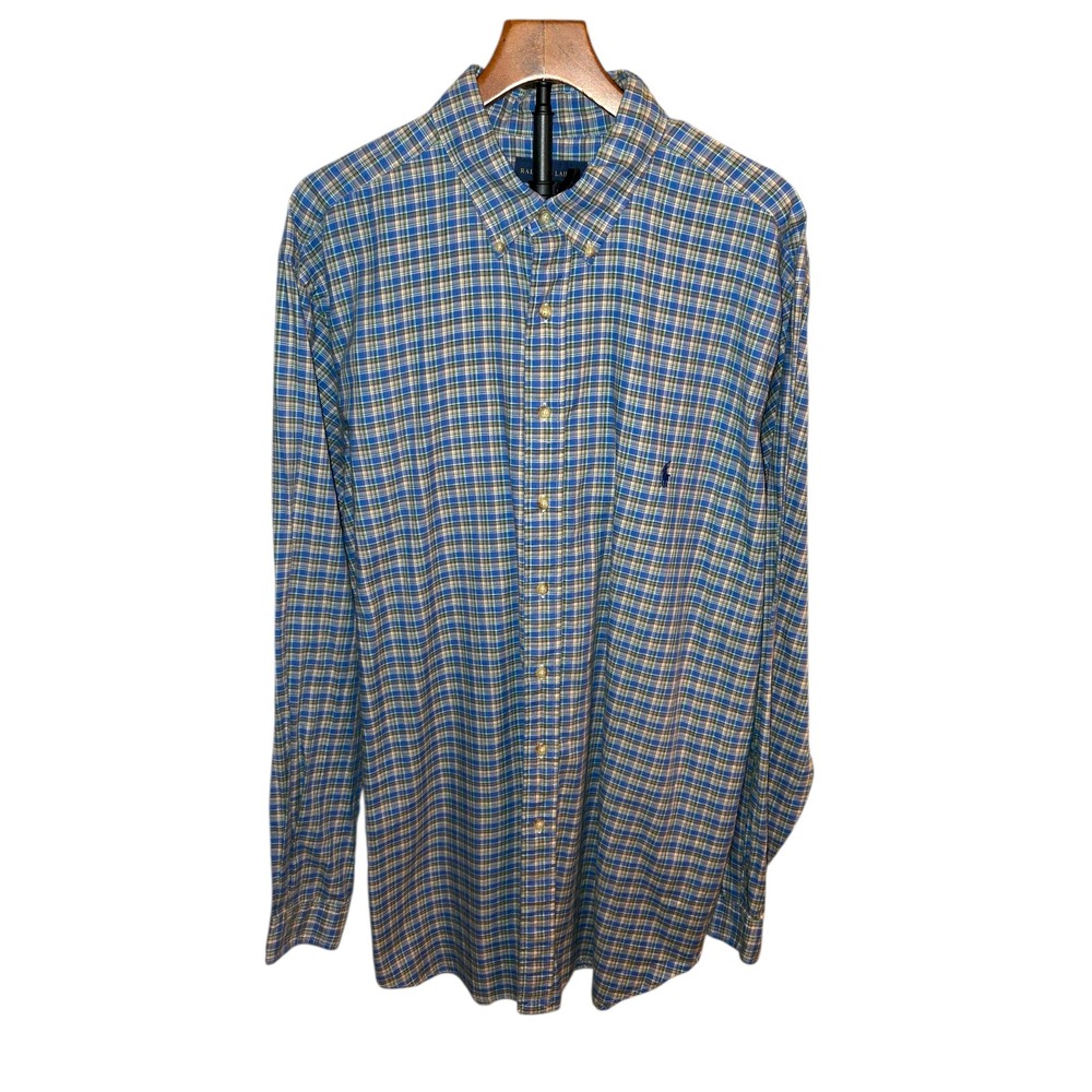 Ralph Lauren Button Down Shirt Men 2XLT TALL Blue Green Plaid Long Sleeve Cotton